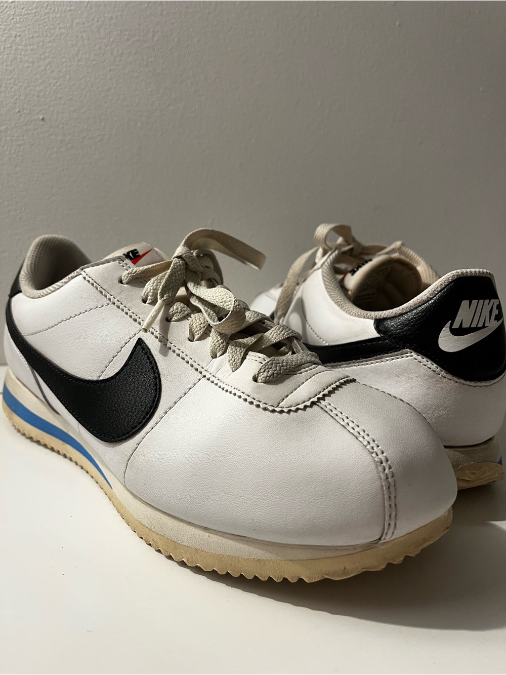 Nike White Sneakers with Black Swoosh and Blue Accent